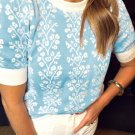 Sky Blue Contrast Floral Crewneck Short Sleeve Sweater