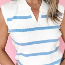 Sky Blue Stripe Split V Neck Collared Ribbed Sweater Vest