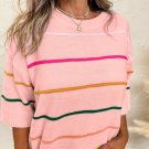 Pink Colorblock Striped Half Sleeve Drop Shoulder Sweater