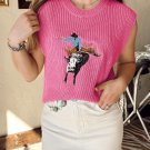 Bright Pink Western Cowboy Embroidery Round Neck Sleeveless Sweater
