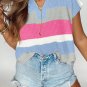 Light Blue Color Block Notch V Neck Sweater T Shirt