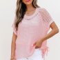 Pink Hollow out Crochet Side Tied Short Sleeve Sweater