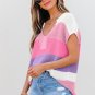 Pink Color Block Notch V Neck Sweater T Shirt