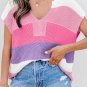 Pink Color Block Notch V Neck Sweater T Shirt