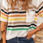 White Striped Pocketed Loose Fit Crewneck Knitted T Shirt