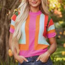 Orange Color Block Eyelet Casual Sweater T Shirt