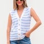 Sky Blue Stripe V Neck Gold Buttons Elegant Sweater Vest