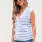 Sky Blue Stripe V Neck Gold Buttons Elegant Sweater Vest