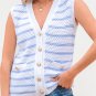 Sky Blue Stripe V Neck Gold Buttons Elegant Sweater Vest