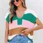 Multicolour Color Block Notch V Neck Sweater T Shirt
