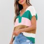 Multicolour Color Block Notch V Neck Sweater T Shirt