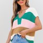 Multicolour Color Block Notch V Neck Sweater T Shirt