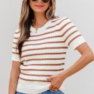 Khaki Stripe Scalloped Round Neck Short Sleeve Sweater