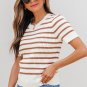 Khaki Stripe Scalloped Round Neck Short Sleeve Sweater