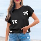 Black Bow Pattern Knit Short Sleeve Sweater