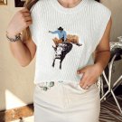White Western Cowboy Embroidery Round Neck Sleeveless Sweater