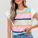Multicolour Striped Color Block Flutter Sleeve Patchwork Sweater Top