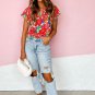 Red Floral Split Neck Top