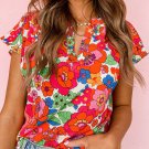 Red Floral Split Neck Top