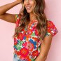 Red Floral Split Neck Top