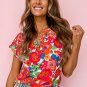 Red Floral Split Neck Top