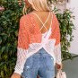Multicolor Color Block Eyelet Long Sleeve Twisted Back Knit Top