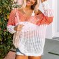 Multicolor Color Block Eyelet Long Sleeve Twisted Back Knit Top