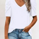 White Puff Sleeve V Neck T Shirt