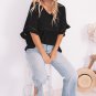 Black Ruffled Lace Detail Loose V Neck Top