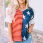 Multicolor Stripes Stars Print Knit Short Sleeves Top