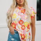 Multicolor Stand Collar Flutter Sleeves Floral Top
