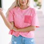 Pink Acid Wash Lace Patch Pocket T Shirt