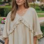 Apricot V Neck Draped Batwing Sleeve Ruffle Top