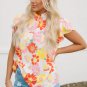 Multicolor Stand Collar Flutter Sleeves Floral Top