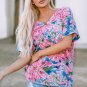 Pink Floral Print Loose Fit V Neck T Shirt