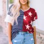 Blue Stripes Stars Print Knit Short Sleeves Top