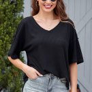 Black Waffle Knit Drop Shoulder Loose Top