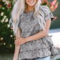 Gray Flutter Sleeves Tiered Denim Top