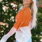 Multicolor Color Block Eyelet Long Sleeve Twisted Back Knit Top