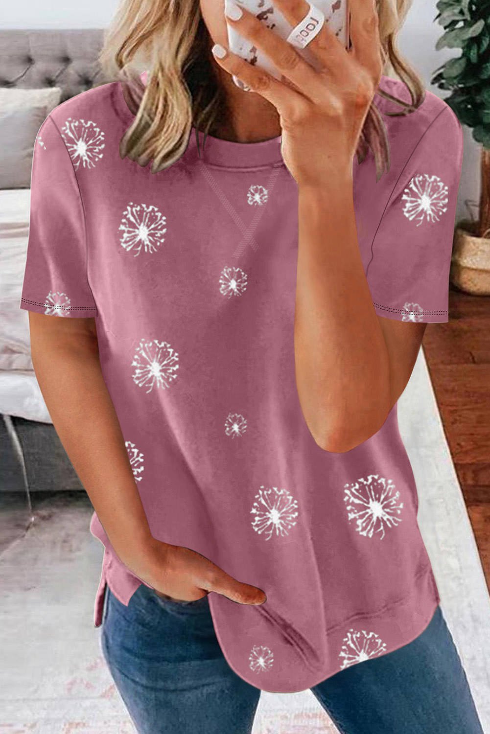 Pink Dandelion Print Crew Neck T Shirt