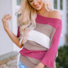 Rose Contrast Stripe Knit Half Sleeve Sweater