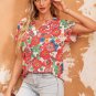 Fiery Red Floral Split Neck Top
