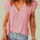 Pink Tiered Ruffled Drawstring V Neck Top