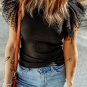 Black Dotty Mesh Ruffle Sleeve Ribbed Knit Top