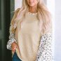 Apricot Leopard Print Patchwork Lantern Sleeve Waffle Knit Top