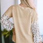 Apricot Leopard Print Patchwork Lantern Sleeve Waffle Knit Top