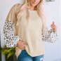 Apricot Leopard Print Patchwork Lantern Sleeve Waffle Knit Top