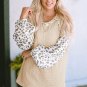 Apricot Leopard Print Patchwork Lantern Sleeve Waffle Knit Top