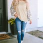 Apricot Leopard Print Patchwork Lantern Sleeve Waffle Knit Top