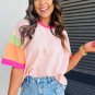Pink Color Block Stitching Sleeve Round Neck Oversize Top